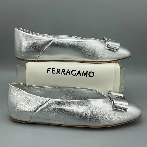 NEW Ferragamo Women’s Vanna Bow Detailed Leather Ballet Flats Silver Size 10 - Picture 1 of 10